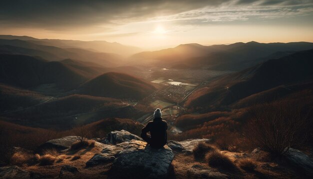 Aventureros al aire libre caminando hacia la silueta del amanecer en la cima de la montaña generada por IA