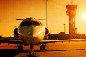 Foto gratuita avión en el aeropuerto al atardecer