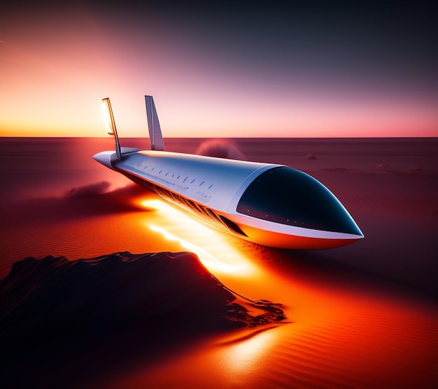 Un avión plateado vuela en el desierto con una puesta de sol de fondo.