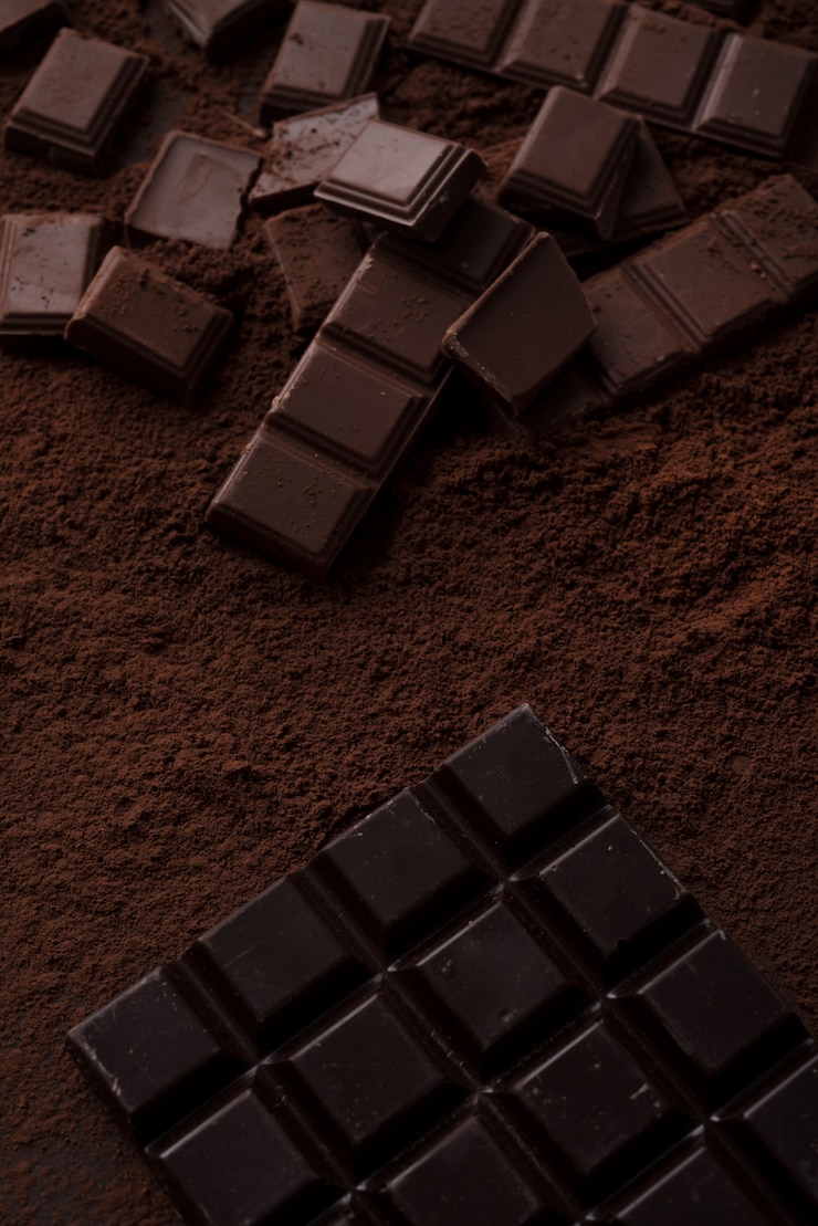 Foto gratuito azulejos de chocolate cubiertos de chocolate en polvo