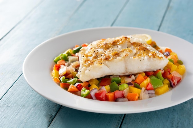 Bacalao a la plancha con verduras sobre mesa de madera azul