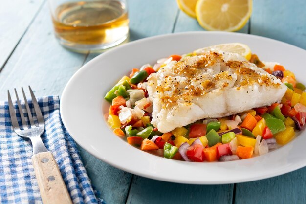 Bacalao a la plancha con verduras sobre mesa de madera azul