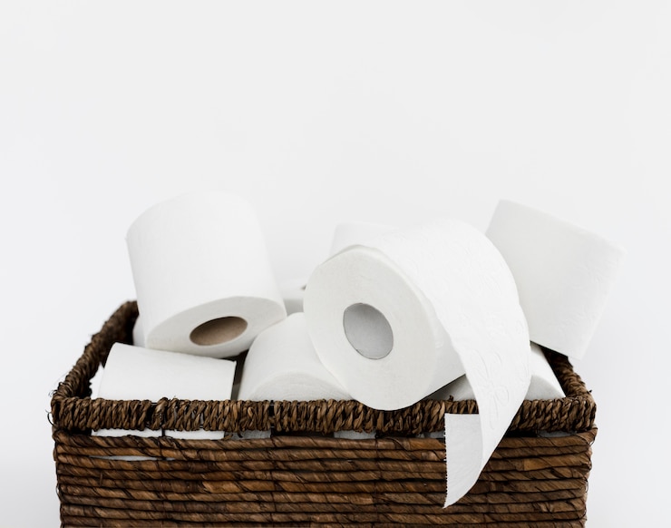 Foto gratuito backet con rollos de papel higiénico