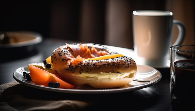 Foto gratuita bagel fresco en placa de madera rústica con café generado por ia