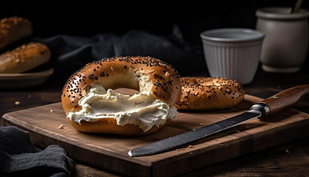 Bagel gourmet recién horneado con semillas de sésamo generado por IA