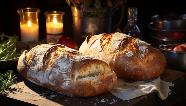 Baguette recién horneada en una mesa de madera una comida gourmet generada por inteligencia artificial