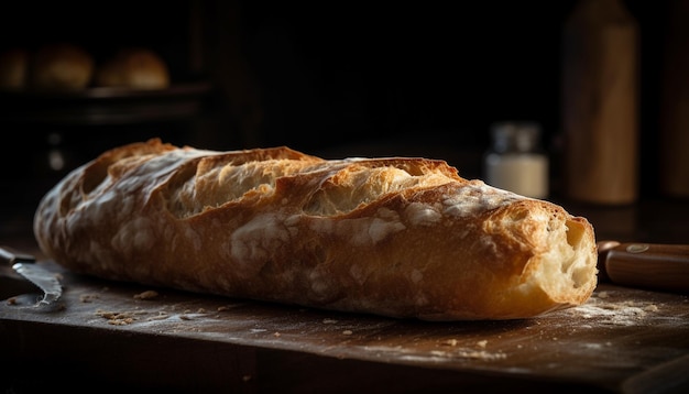 Baguette rústica sobre mesa de madera recién horneada generada por IA