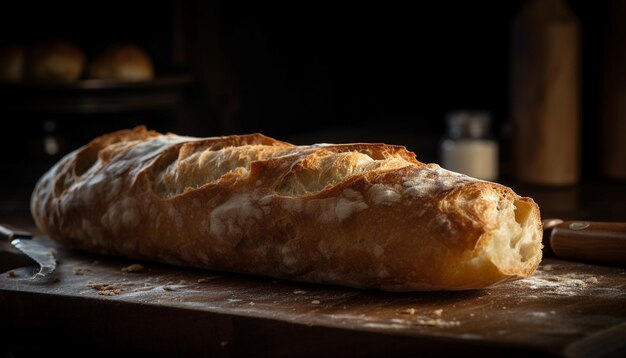 Baguette rústica sobre mesa de madera recién horneada generada por IA