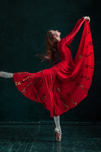 Bailarina posando en zapatillas de punta en el pabellón de madera negra