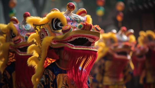 Foto gratuita bailes de dragones multicolores a través de un desfile tradicional chino generado por ia