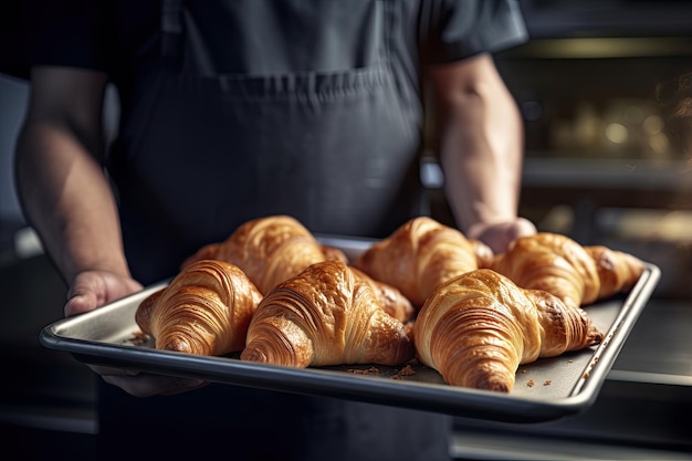 Baker sosteniendo una bandeja de metal llena de croissants recién hechos iluminados con una hermosa luz desde la ventana Ai generativo