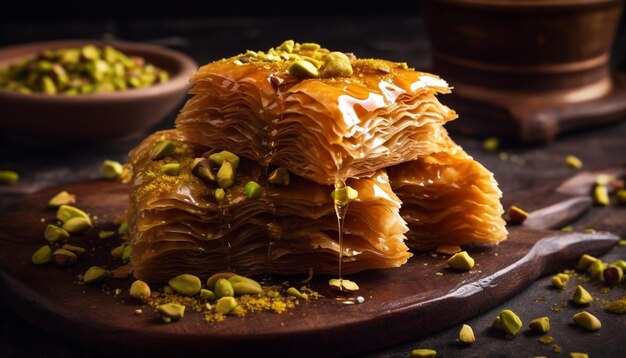 Baklava recién horneado en tablero de madera rústico generado por IA