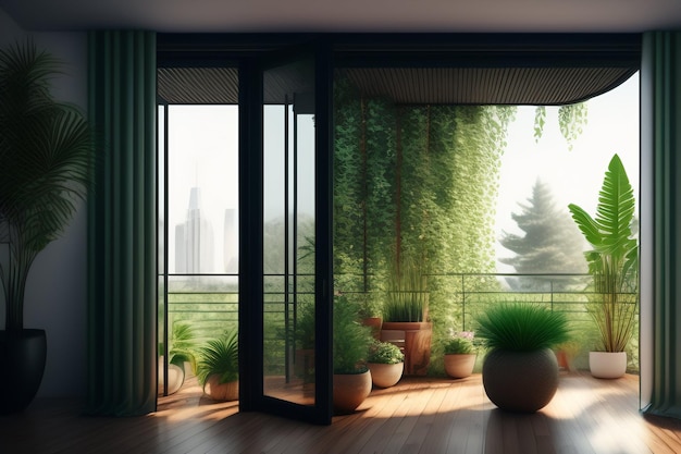 Un balcón con una cortina verde y plantas en el balcón.