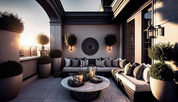 Balcón con muebles elegantes decoración IA generativa