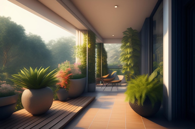 Foto gratuita un balcón con plantas en el balcón y vista al exterior.