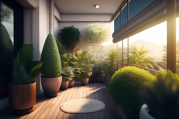 Foto gratuita un balcón con plantas y una vista del sol.