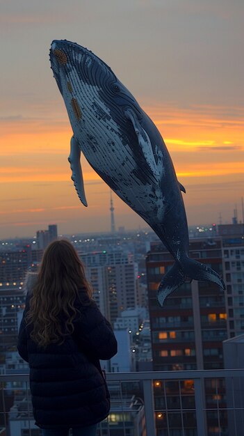 Foto gratuita la ballena de la fantasía en el cielo