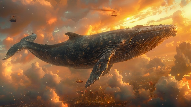 Foto gratuita la ballena de la fantasía en el cielo