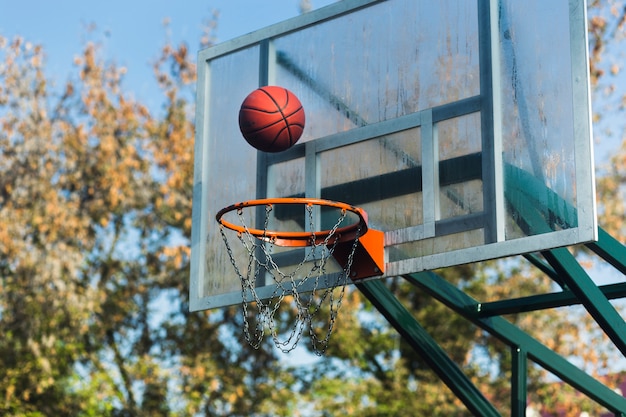 Foto gratuita baloncesto cayendo a través del aro