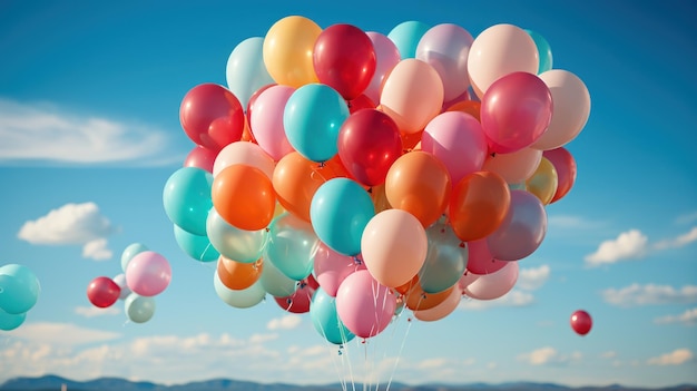 Foto gratuita balones de colores en un cielo azul claro como telón de fondo