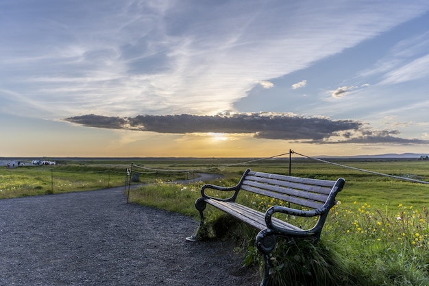 Banco de madera en un campo cubierto de vegetación bajo la luz del sol en Islandia