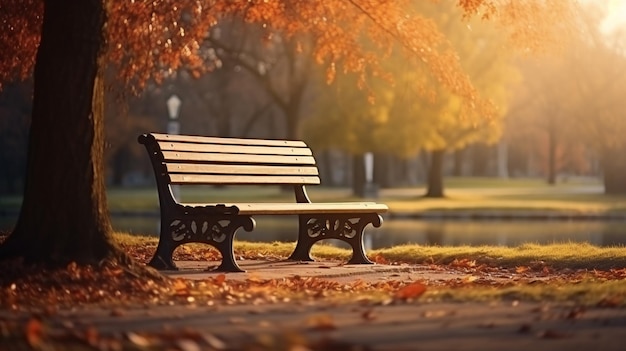 Un banco de madera en un parque de otoño