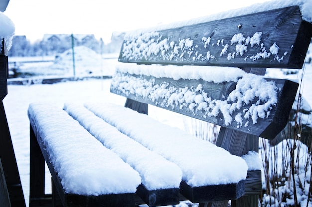 Banco del parque cubierto de nieve