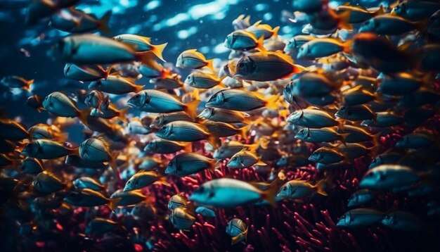 Banco de peces multicolores nada en un arrecife generado por IA