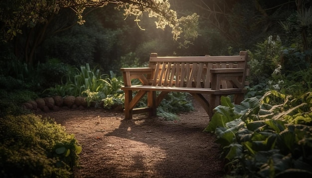 Banco rústico en un bosque tranquilo con hojas de otoño generadas por IA