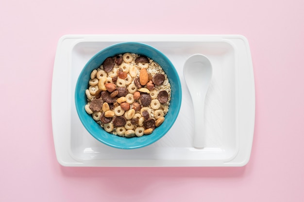 Bandeja con cereales y leche.