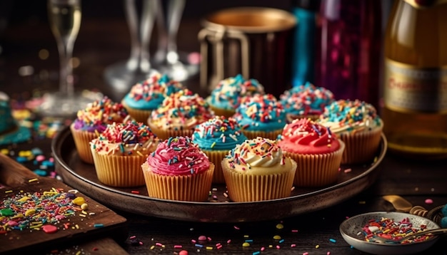 Foto gratuita una bandeja de cupcakes coloridos con una copa de champán sobre la mesa.