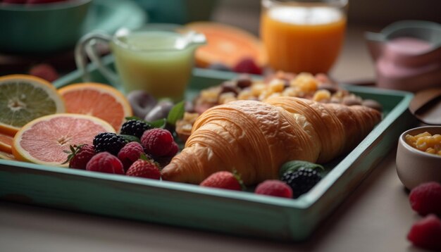 Bandeja de desayuno continental fresca con bollería gourmet generada por IA