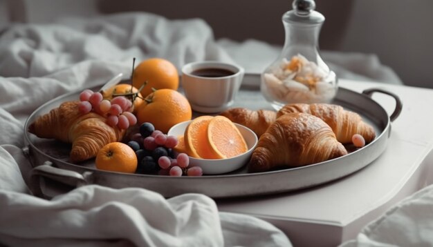 Foto gratuita bandeja de desayuno francés recién hecho en una cama acogedora generada por ia