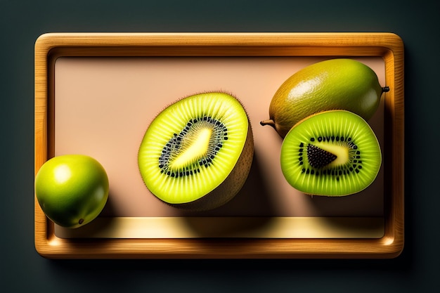 Foto gratuita una bandeja con kiwi y una bandeja de madera con un fondo marrón claro