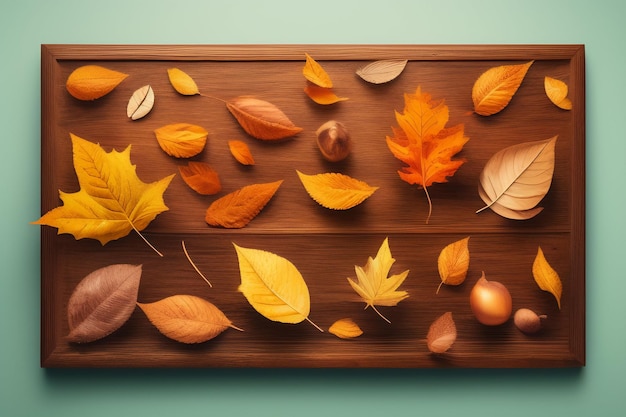 Una bandeja de madera con hojas de otoño