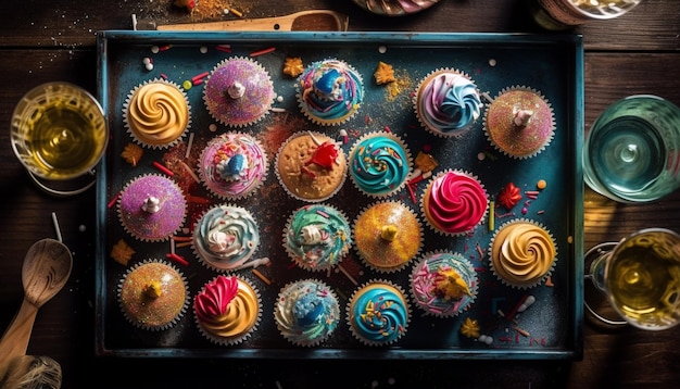 Una bandeja de pastelitos con glaseado de colores en la parte superior