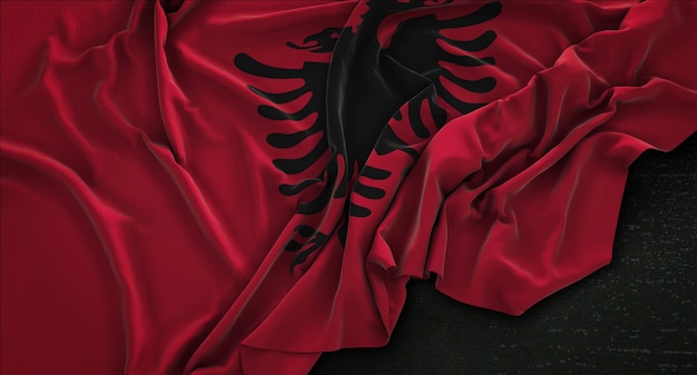 Bandera de Albania arrugado sobre fondo oscuro 3D Render