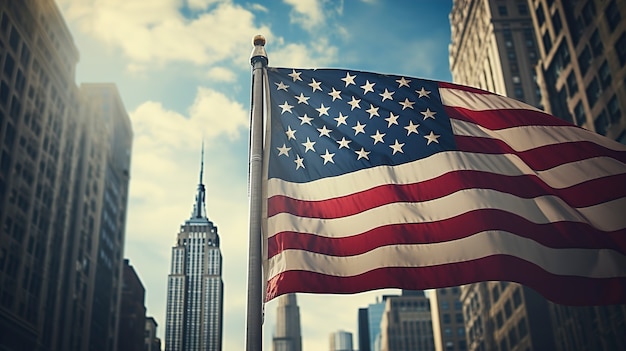 Foto gratuita bandera americana de ángulo bajo y edificio empire state