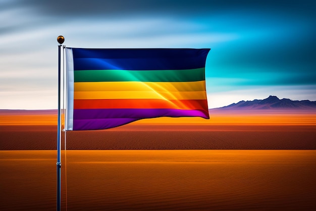 Una bandera del arco iris en el desierto con montañas al fondo.