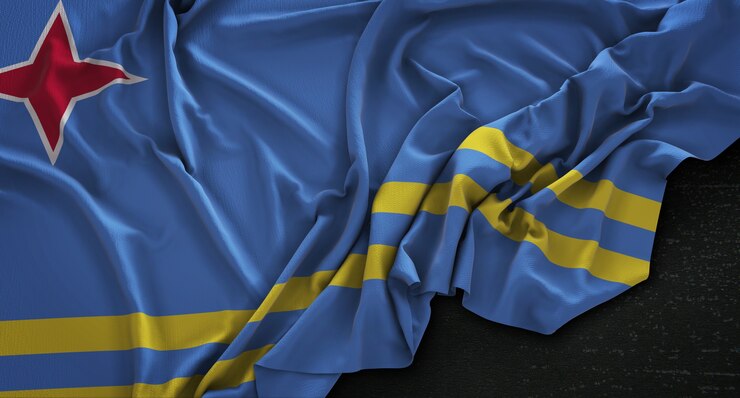 Foto gratuito bandera de aruba arrugado sobre fondo oscuro 3d render