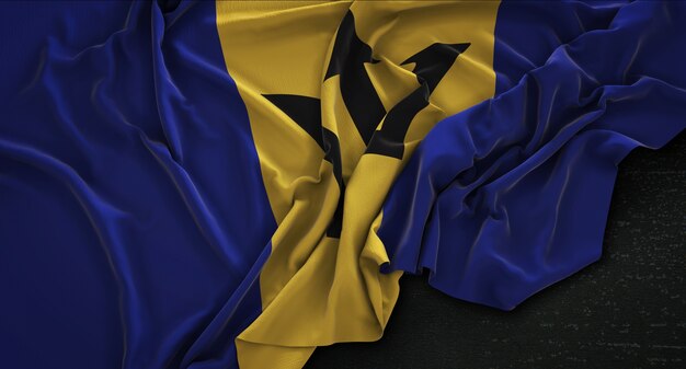 Bandera de Barbados arrugado sobre fondo oscuro 3D Render