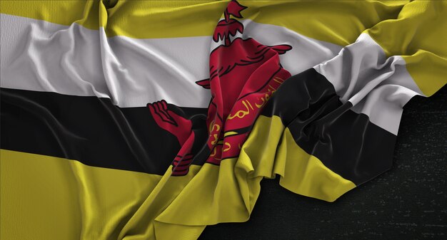 Bandera de Brunei arrugado en el fondo oscuro 3D Render