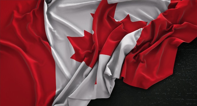 Bandera de Canadá arrugado sobre fondo oscuro 3D Render