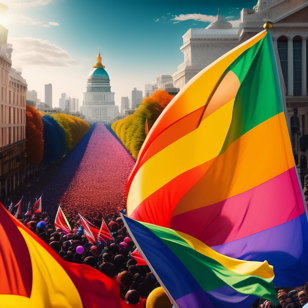 Una bandera colorida está frente a una multitud de personas.