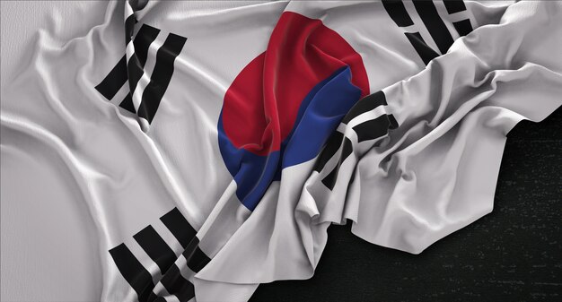 Bandera de Corea del Sur arrugado sobre fondo oscuro 3D Render