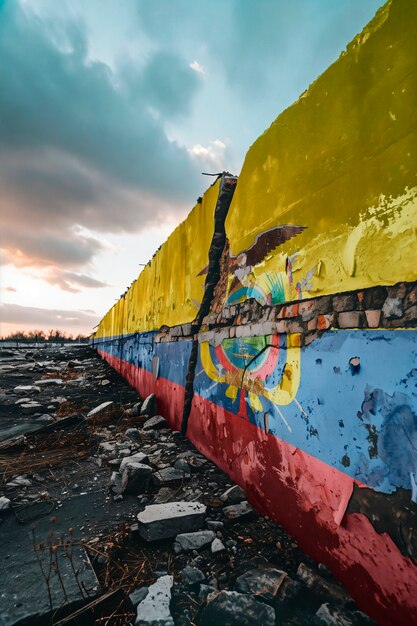 bandera desgarrada y rota de ecuador en la pared de cemento