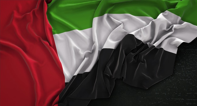 Bandera de los Emiratos Árabes Unidos arrugado sobre fondo oscuro 3D Render