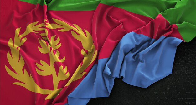 Bandera de Eritrea arrugado sobre fondo oscuro 3D Render