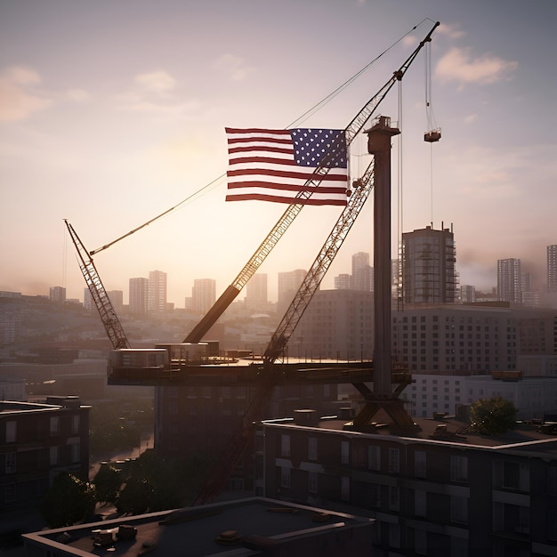 Bandera estadounidense en una grúa contra el fondo de la ciudad en construcción