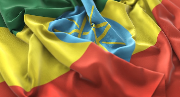 Bandera de Etiopía Foto de estudio Ruffled Bellamente Acurrucado Horizontal Primer plano